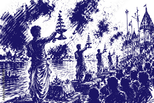 Ganga Aarti Monochrome Sketch at Varanasi Ghats Traditional Hindu Ritual Spiritual India