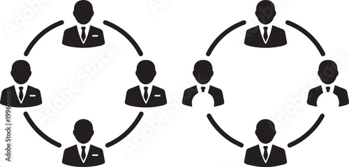 Black and white flat vector icon of business professional silhouettes in a circular network representing teamwork organization structure and corporate community collaboration