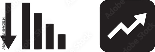 Flat vector icon set featuring a declining bar chart with downward arrow and a rising line graph representing market volatility and growth
