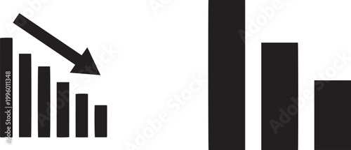 Black vector bar chart icon set with downward arrow representing financial loss economic recession market crash and declining business growth statistics graphic