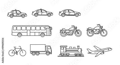 Collection of Hand Drawn Transportation Vehicles and Modes of Travel.