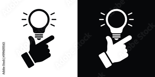 Vector icon depicting a hand gesture activating a glowing lightbulb. Represents sudden inspiration, a lightbulb moment, quick creative ideas, achieving success, and smart, fast thinking.