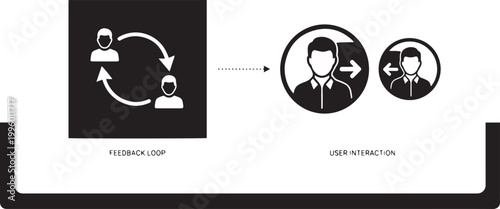 Flat vector icon set featuring business silhouettes with feedback loops and circular arrows representing user interaction communication exchange and staff rotation management