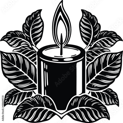 Black candle flame icon, leafy wreath, vector illustration, monochrome design