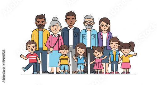 Diverse Multi-Generational Family Group Portrait Illustration.