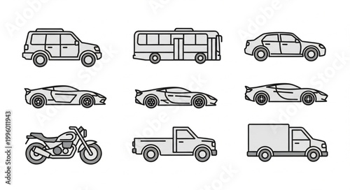 Collection of diverse vehicle illustrations in a clean line art style.