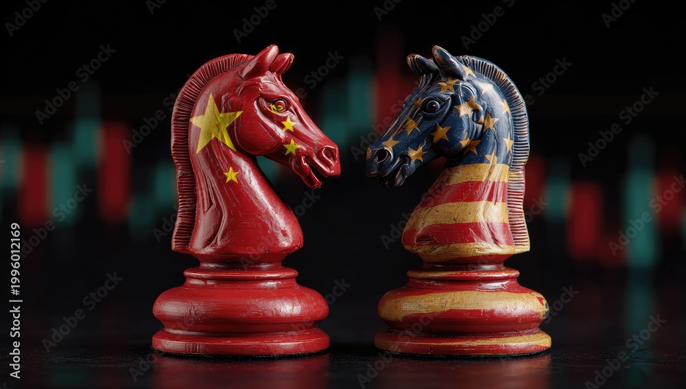Fototapeta premium China and EU Chess Knights Symbolizing Trade War and Geopolitical Strategy.
