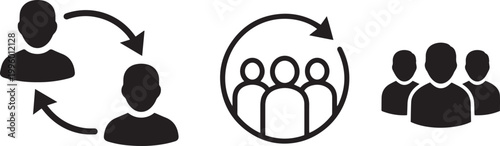 Flat vector icon set of business silhouettes representing peer to peer communication teamwork rotation cycle and corporate group collaboration for professional project management