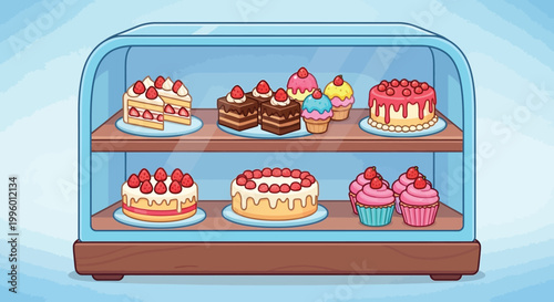 A colorful display case filled with various delectable desserts including cakes cupcakes and pastries