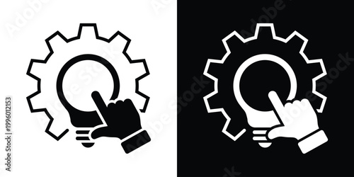 Vector illustration of a hand pointing at a lightbulb inside a gear cog. Symbolizes interaction with technology, choosing technical innovations, and the connection between humans and mechanics.