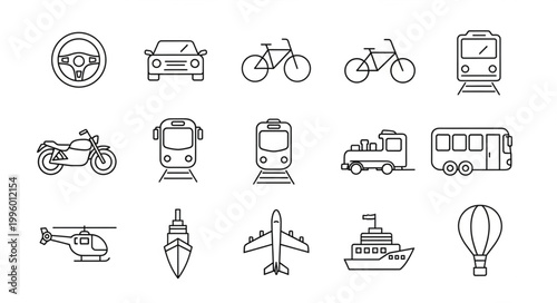 Collection of various transportation icons in a simple line art style.
