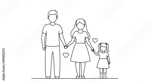 Happy family of three holding hands with hearts around them.