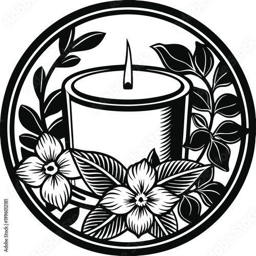 Black and white candle icon, floral decoration, circular design, monochrome illustration