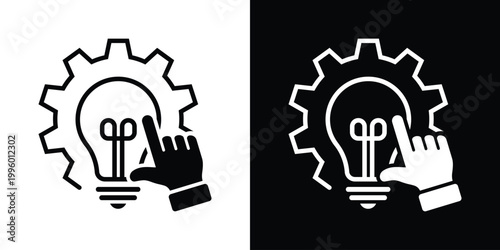 Vector illustration of a hand pointing at a lightbulb inside a gear cog. Symbolizes interaction with technology, choosing technical innovations, and the connection between humans and mechanics.