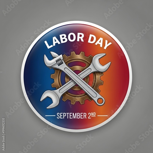Labor Day celebration featuring crossed wrenches and gears, commemorating workers and their contributions with a vibrant gradient background and text 'Labor Day September 2nd'