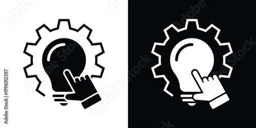 Vector illustration of a hand pointing at a lightbulb inside a gear cog. Symbolizes interaction with technology, choosing technical innovations, and the connection between humans and mechanics.