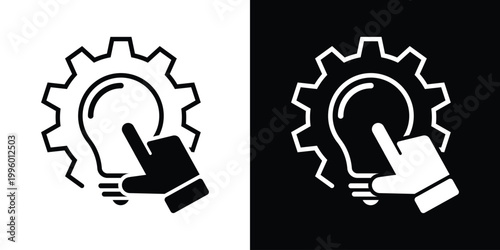 Vector illustration of a hand pointing at a lightbulb inside a gear cog. Symbolizes interaction with technology, choosing technical innovations, and the connection between humans and mechanics.