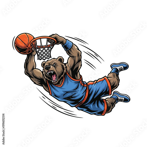 A muscular brown bear character in a blue basketball uniform performs a powerful slam dunk with an orange ball against a white background, conveying energetic action