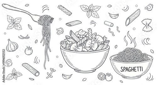 Hand-drawn Italian Pasta Collection: Spaghetti, Penne, Farfalle, Basil, Garlic, Tomato