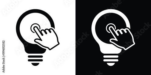 Vector icon showing a computer mouse cursor clicking on a lightbulb. Represents digital choice, selecting the best idea, online brainstorming, user interaction, and interactive innovation strategies.