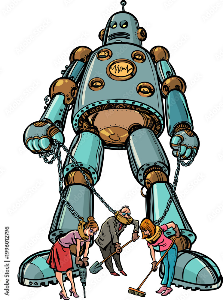 Fototapeta premium AI control over humanity. Robots keep people in chains. Jobs are being replaced by artificial intelligence.