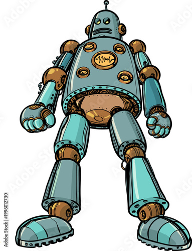A vintage robot stands still. Artificial intelligence is growing. Fear of AI in the world.