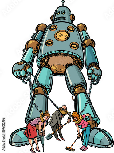 AI control over humanity. Robots keep people in chains. Jobs are being replaced by artificial intelligence.