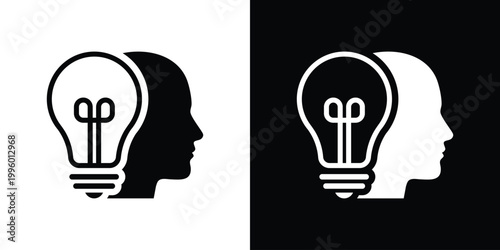 Minimalist icon of a human head silhouette containing a glowing lightbulb. Symbolizes creativity, deep thinking, insight, brainstorming, mental clarity, and intellectual development for education.