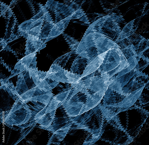 Abstract fractal background. Wavy blue-white light flying transparent planes create a pattern on a black background. 3D rendering. 3D illustration.