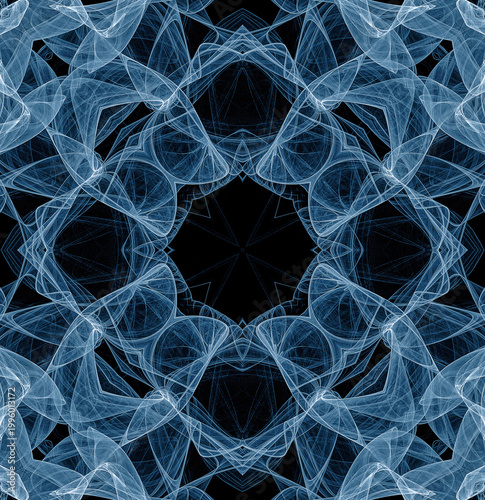 Abstract seamless fractal graceful pattern. A transparent flower inside a diamond is surrounded by patterns on a black background. 3D rendering. 3D illustration.