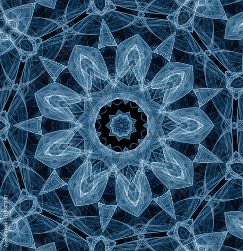 Elegant abstract fractal pattern. Light transparent flower inside a polygonal pattern on a black background. 3D rendering. 3D illustration.