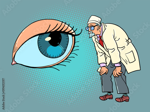 A male doctor looks into an eye. Health care examination. Vision problems.