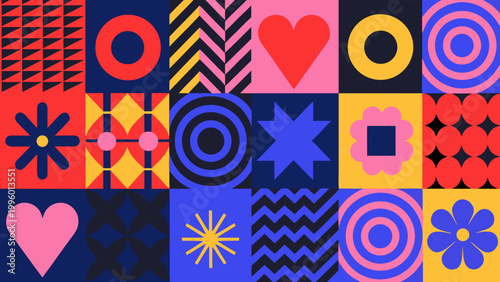 A vibrant grid of colorful geometric shapes and patterns in a playful arrangement