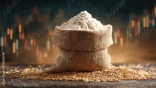 Sack of Flour and Grains with Blurred Stock Market Background.
