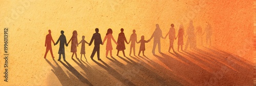 A diverse group of people holding hands in a line, symbolizing unity and community against a warm, gradient background.