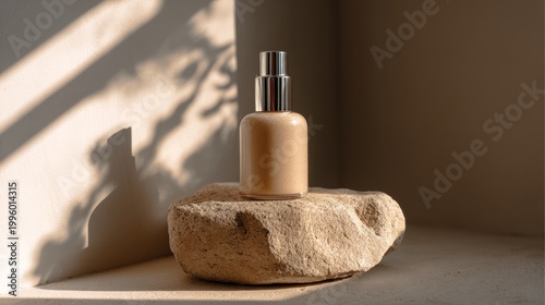 Skincare bottle on stone pedestal, natural light