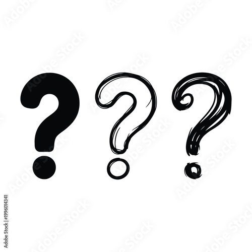 Question mark symbols in various styles including solid fill outline and sketched artistic drawing providing options for inquiry.
