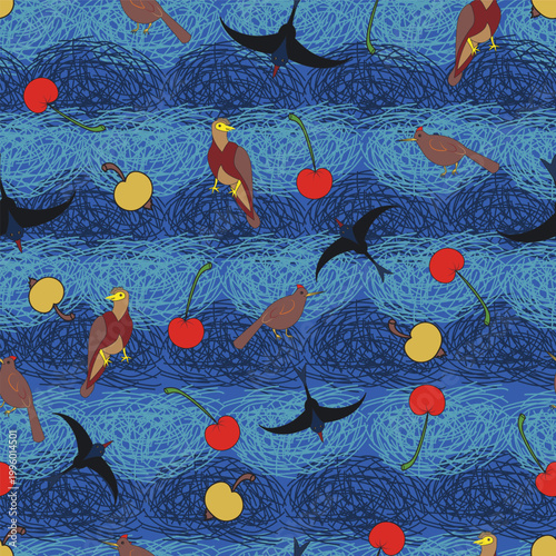 Tropical Garden Birds and Fruits with Blue Wavy Bg