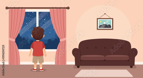 A young boy stands with his back turned gazing out of a window at a snowy nighttime landscape
