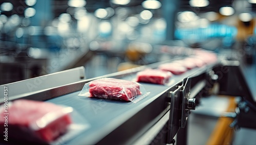 Automated Meat Processing Conveyor Belt in a Modern Factory.