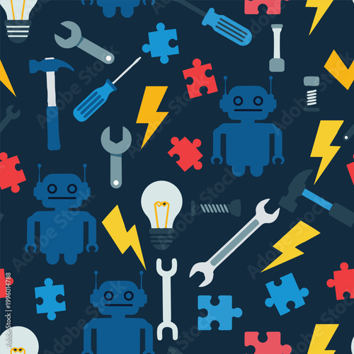 A colorful seamless pattern featuring cute robots, wrenches, hammers, lightning bolts, and puzzle pieces. Ideal for kids apparel, bedding, and DIY.