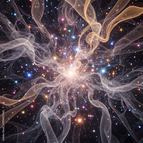 Vibrant Cosmic Energy Burst with Swirling Ethereal Vapors and Sparkling Stars Illuminating the Infinite Dark Expanse