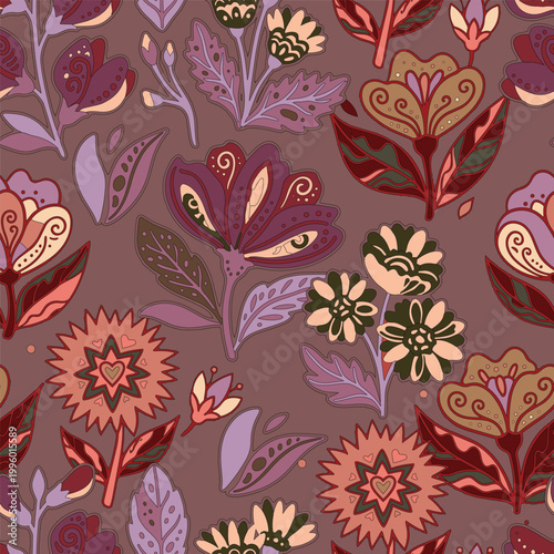 Bohemian seamless floral pattern featuring stylized retro blooms and botanical leaves in muted earth tones. Ideal for textile, wallpaper, and apparel.