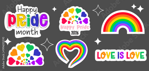 Pride rainbow month and sticker lgbt lgbtq with icon gay heart. Flag peace pack and design graphic transgender with love proud background. Homosexual pride set and festival sticker colorful.