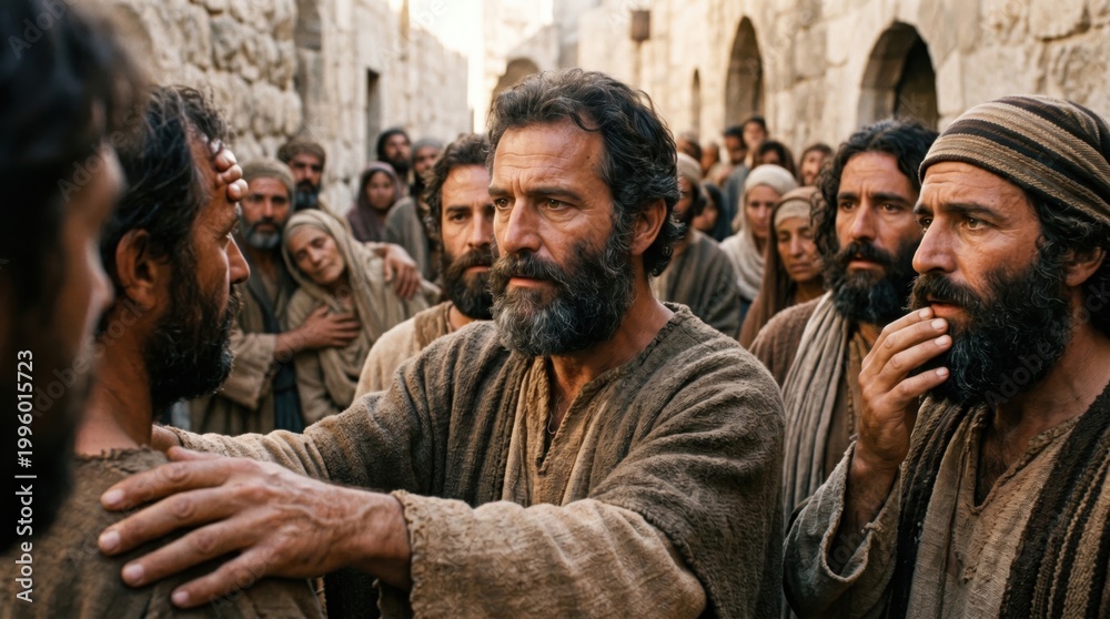 Fototapeta premium Saint Peter healing sick man in Jerusalem crowd. Biblical apostle performing miracle. Iconic scene from Acts of the Apostles, ancient historical narrative, religious faith and hope.
