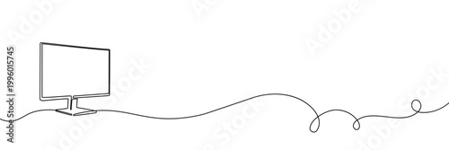Continuous one line monitor computer outline art tv screen frame desktop. TV monitor office drawing simple digital technology creative isolated mockup device download icon white design business flat