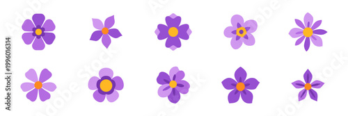 Set of purple flower icons, floral blossom decoration, colorful collection with illustrations