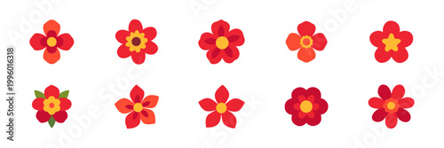 Set of red flower icons, floral blossom decoration, colorful collection with illustrations