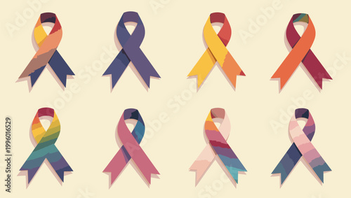 A colorful rainbow ribbon symbolizes hope and support for various causes. Ideal for campaigns promoting inclusivity, healthcare awareness, and communi