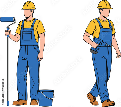 Construction worker set with painter holding roller and handyman with drill in professional uniform flat cartoon vector illustration style